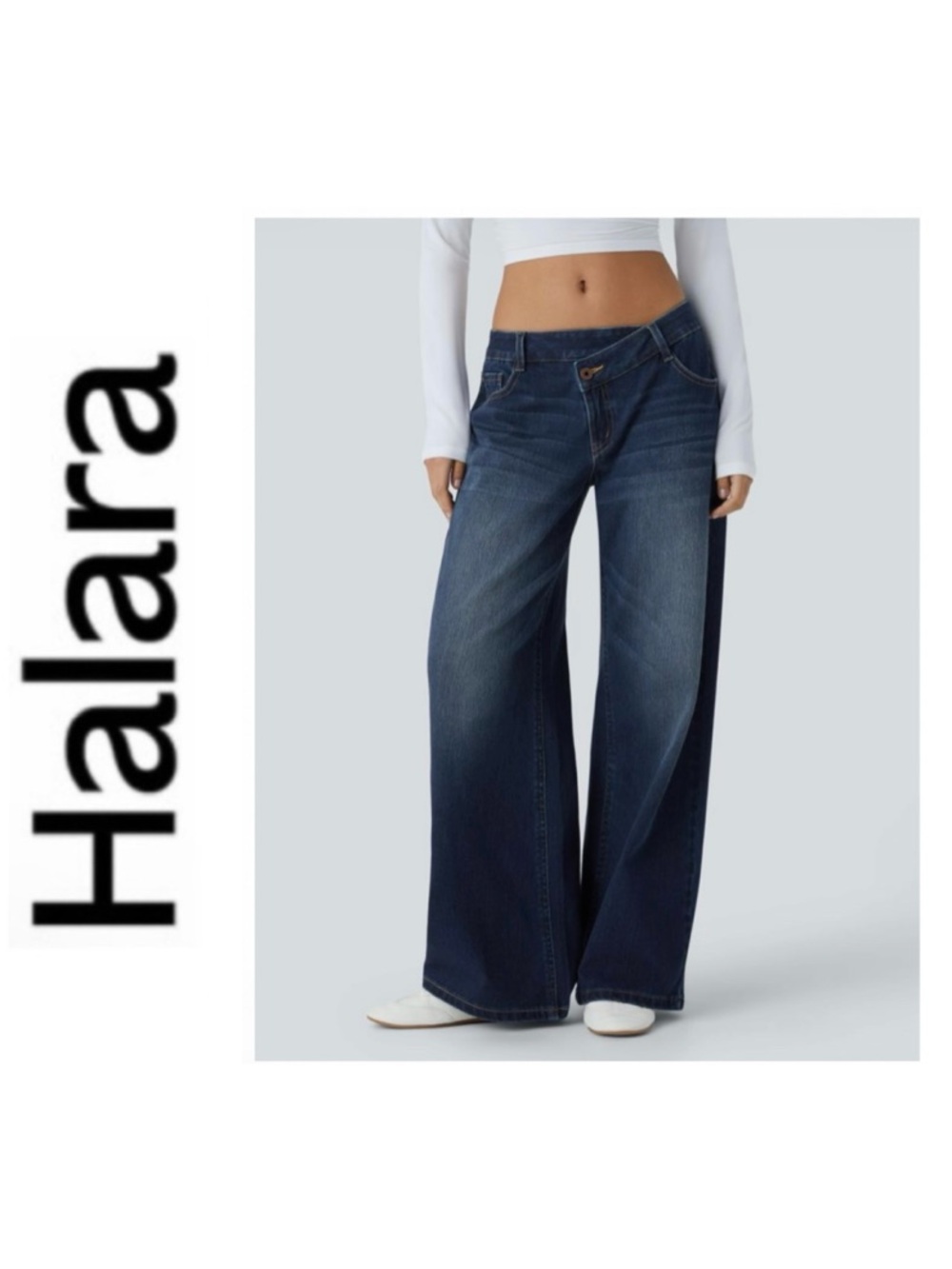 HALARA Flex™ Asymmetric Low Rise Zipper Pockets Baggy Wide Leg Jean/ Paint Blue